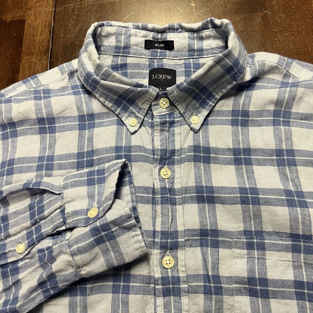 J Crew Shirt Mens Large Blue Plaid Button Up Linen Casual‎ Slim Lightweight